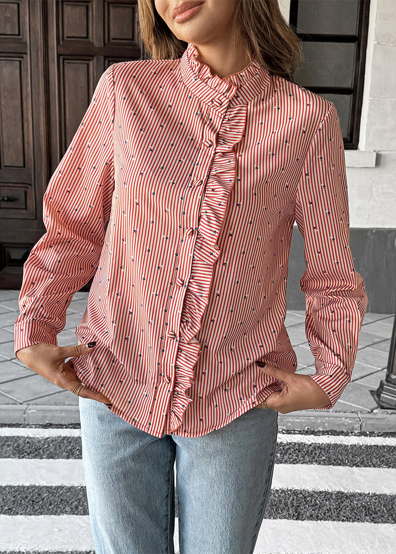 Red Ruffled Striped Patchwork Cotton Shirt Top Fall