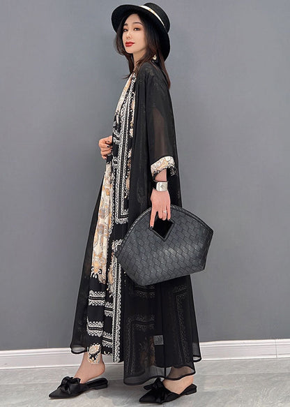 Style V Neck Print Sashes Chiffon Long Dress and Long Cardigans Two Pieces Set Summer