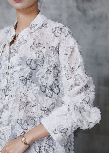 White Tasseled Butterfly Chiffon Shirt Fall