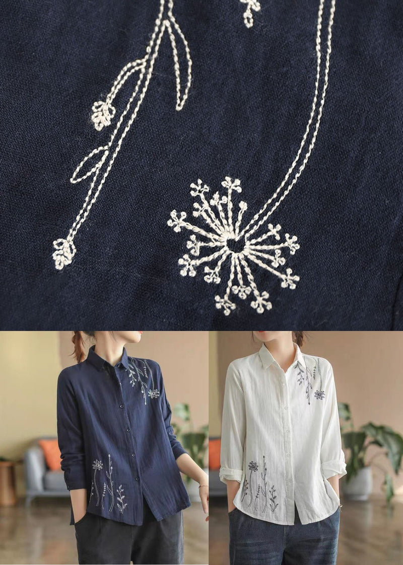 Navy Slim Fit Cotton Shirt Turn-down Collar Embroidered Spring