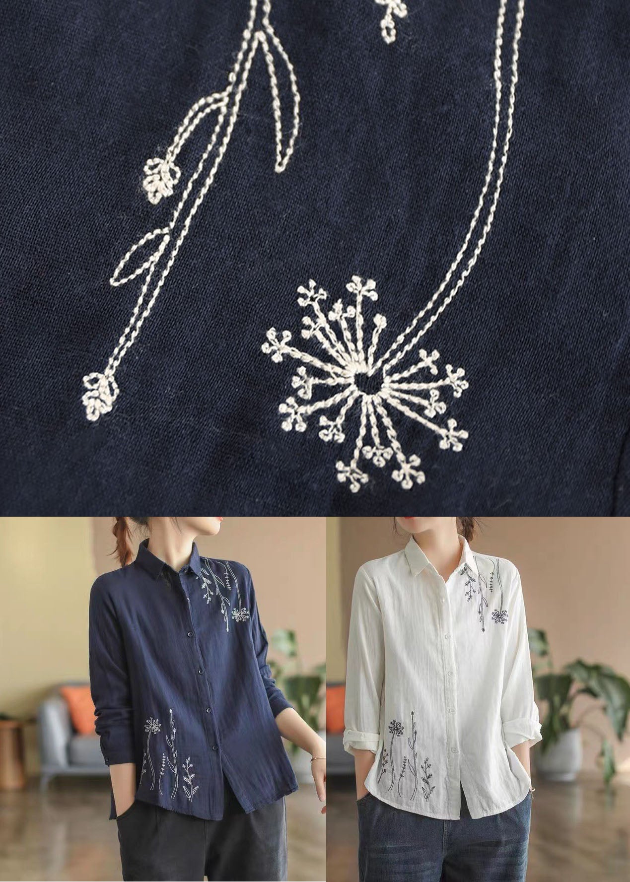 French White Peter Pan Collar Embroidered Cotton Shirt Tops Spring