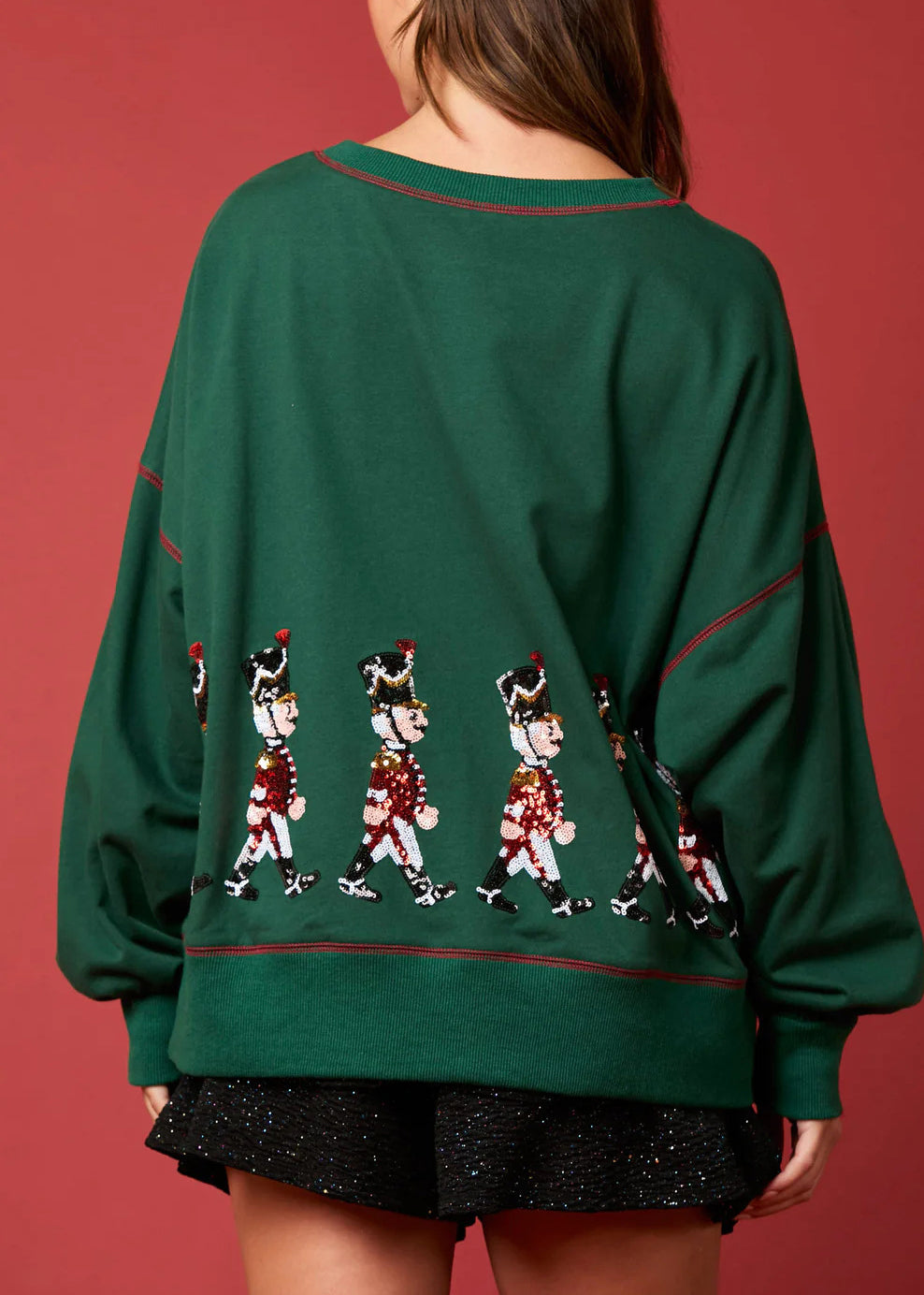 Green O Neck Sequins Cotton Loose Sweatshirt Winter