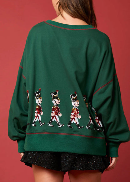 Green O Neck Sequins Cotton Loose Sweatshirt Winter
