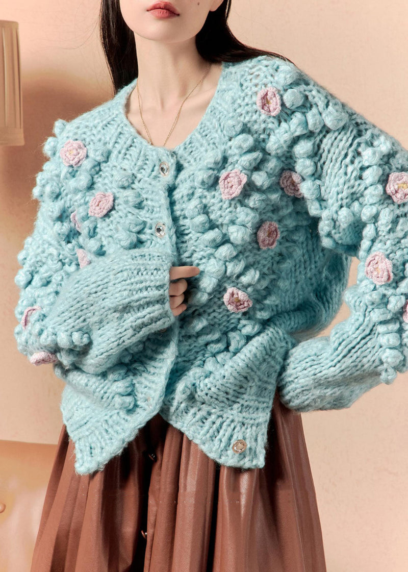 Blue O Neck Button Knit Cardigan Winter