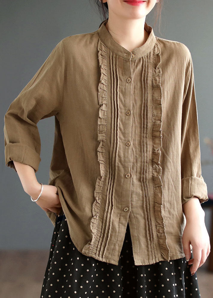 Khaki Ruffled Color Cotton Shirt Tops Spring