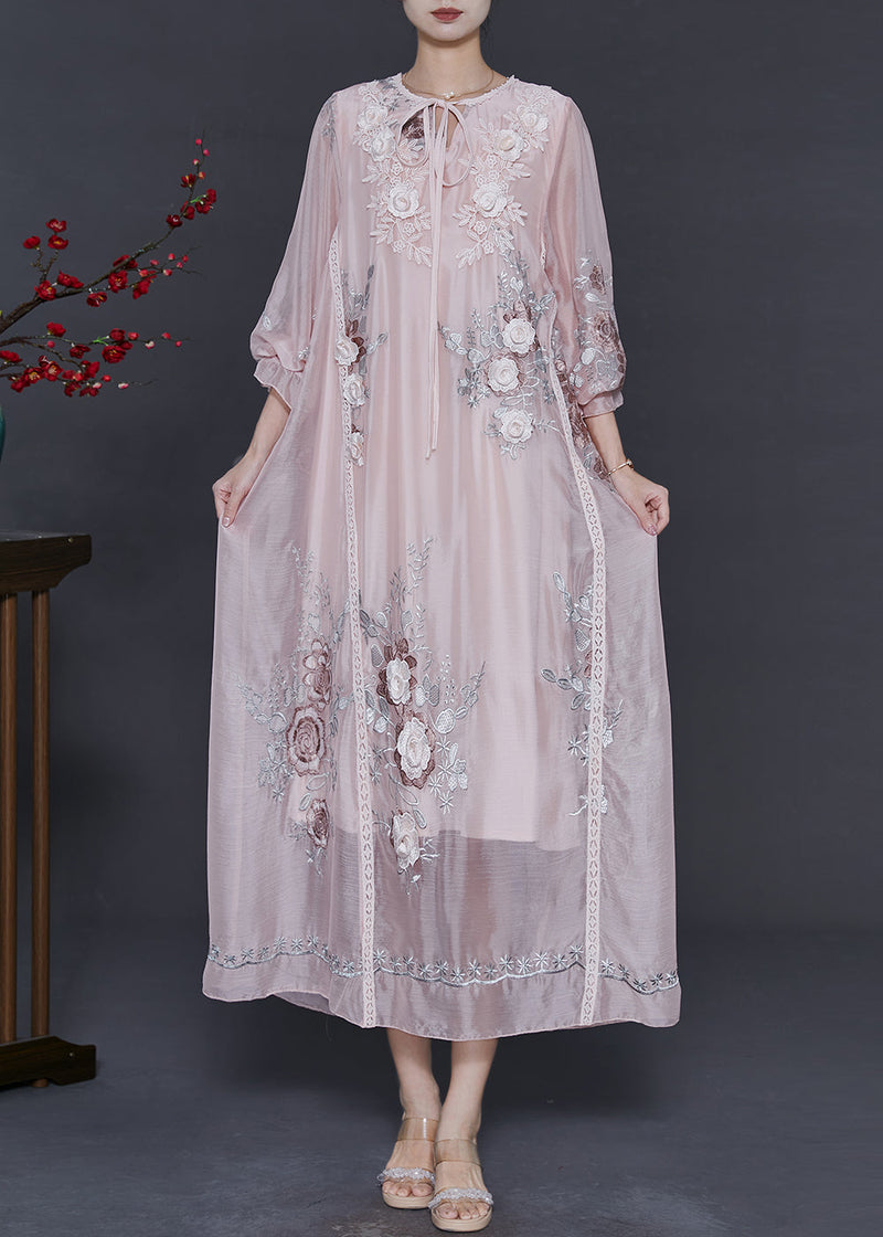 Light Pink Embroidered Silk Holiday Dress Fall