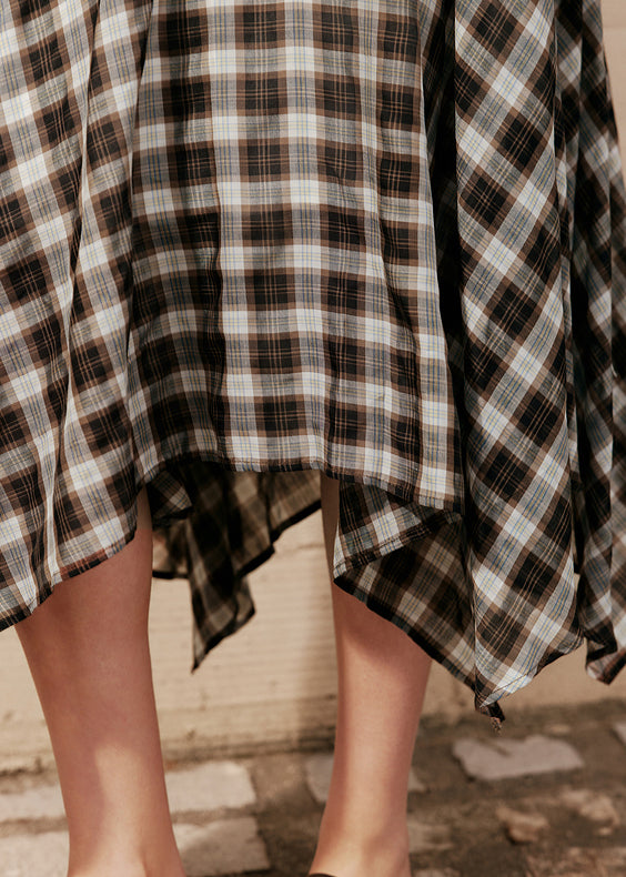 Natural Coffee Plaid Asymmetrical High Waist Silk Cotton a Line Skirts Summer