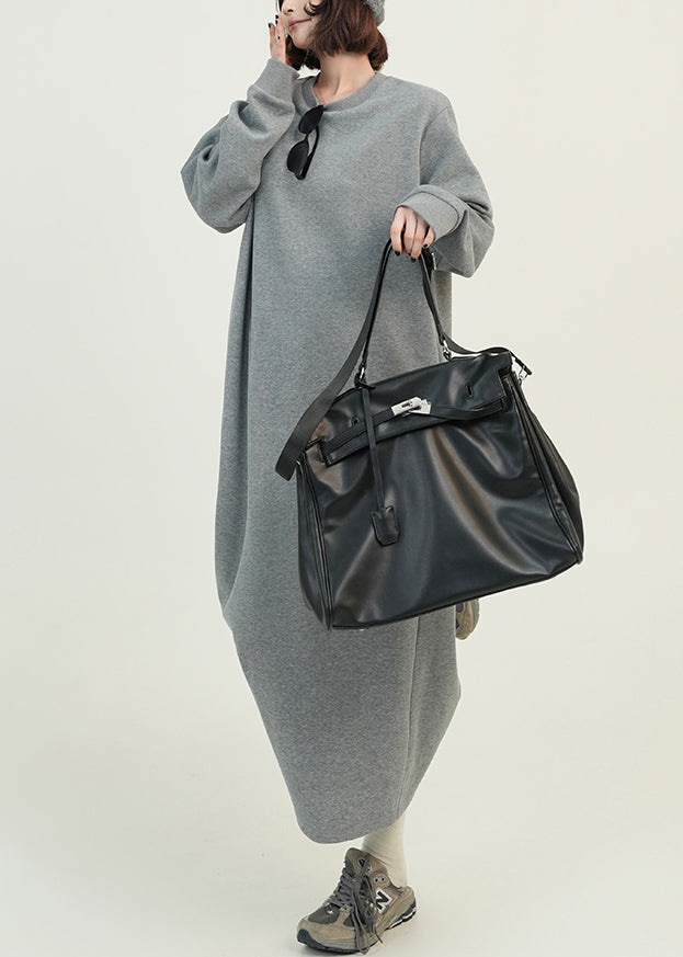 Grey O Neck Loose Cotton Straight Dresses Fall