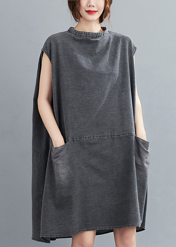 French Grey Stand Collar Pockets Cotton Denim Dress Sleeveless
