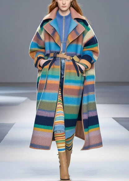 Colorblock Oversized Striped Woolen Trench Fall