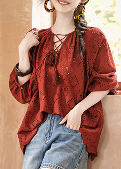 Red Hollow Out Lace Up Cotton Shirt Bracelet Sleeve