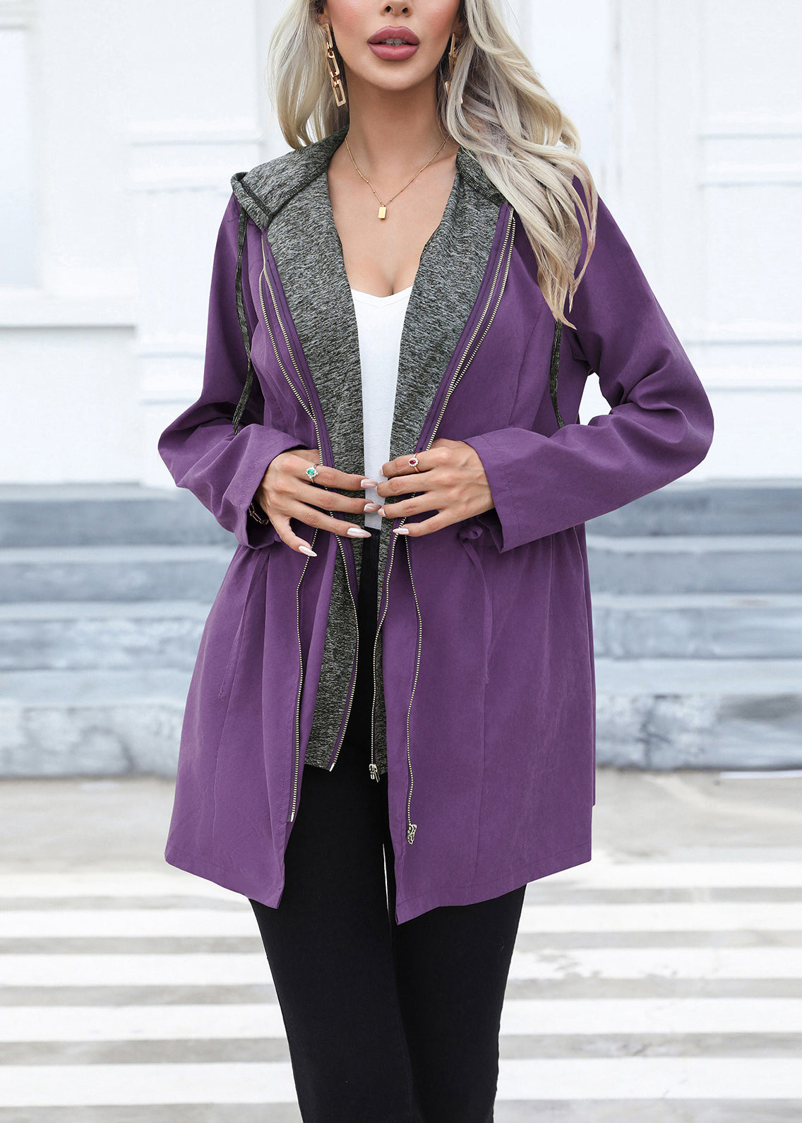 Green Drawstring Patchwork Cotton Hoodie Coat Fall