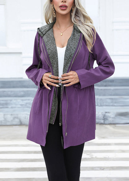 Green Drawstring Patchwork Cotton Hoodie Coat Fall