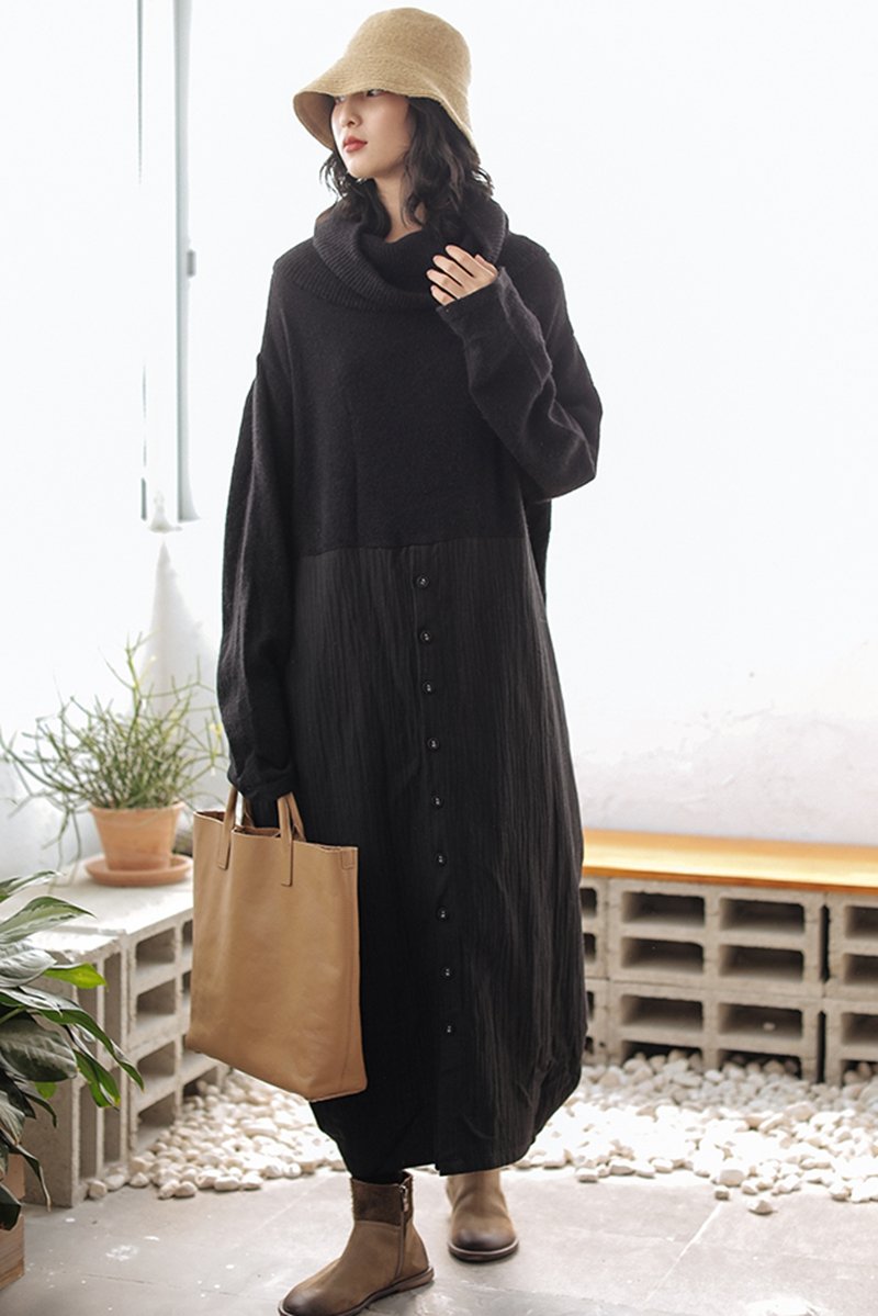 Wool Patchwork Turtleneck Sweater Dress