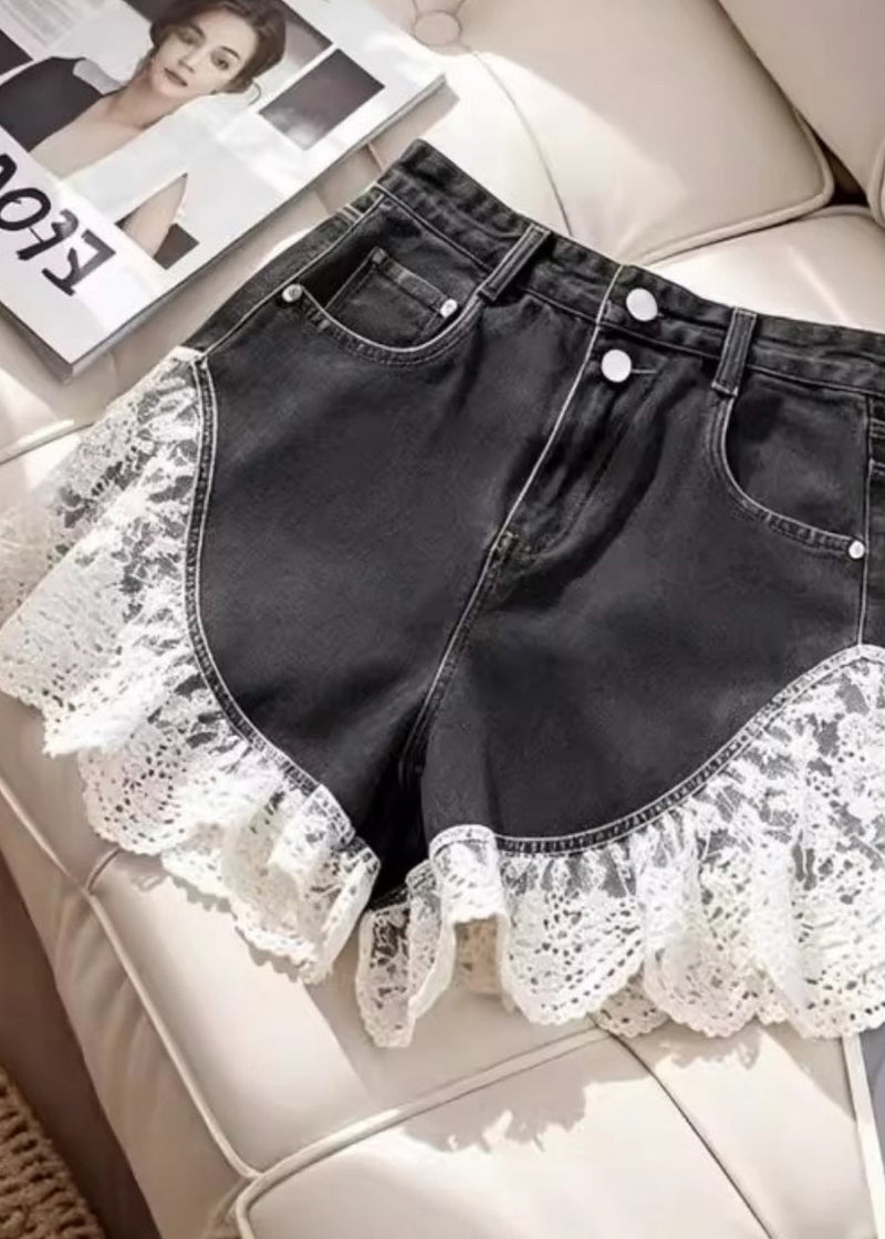 Black Silm Fit Lace Patchwork Denim Shorts Summer