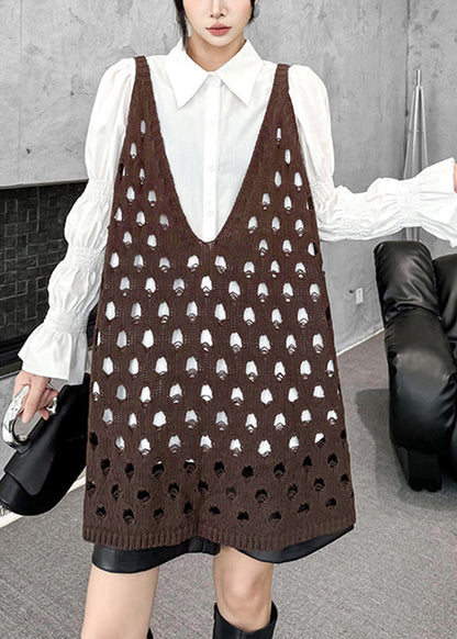 Coffee V Neck Hollow Out Cotton Knit Waistcoat Sleeveless