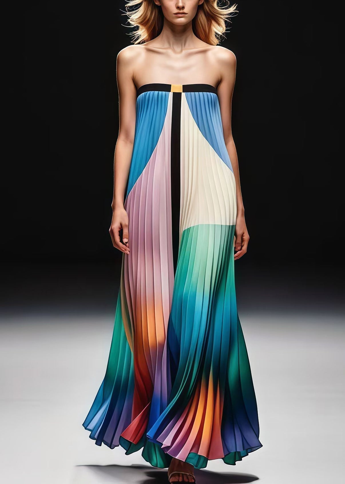 Gradient Color Print Wrinkled Chiffon Strapless Dress Summer
