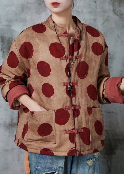 Orange Print Chinese Button Fine Cotton Filled Coat Winter