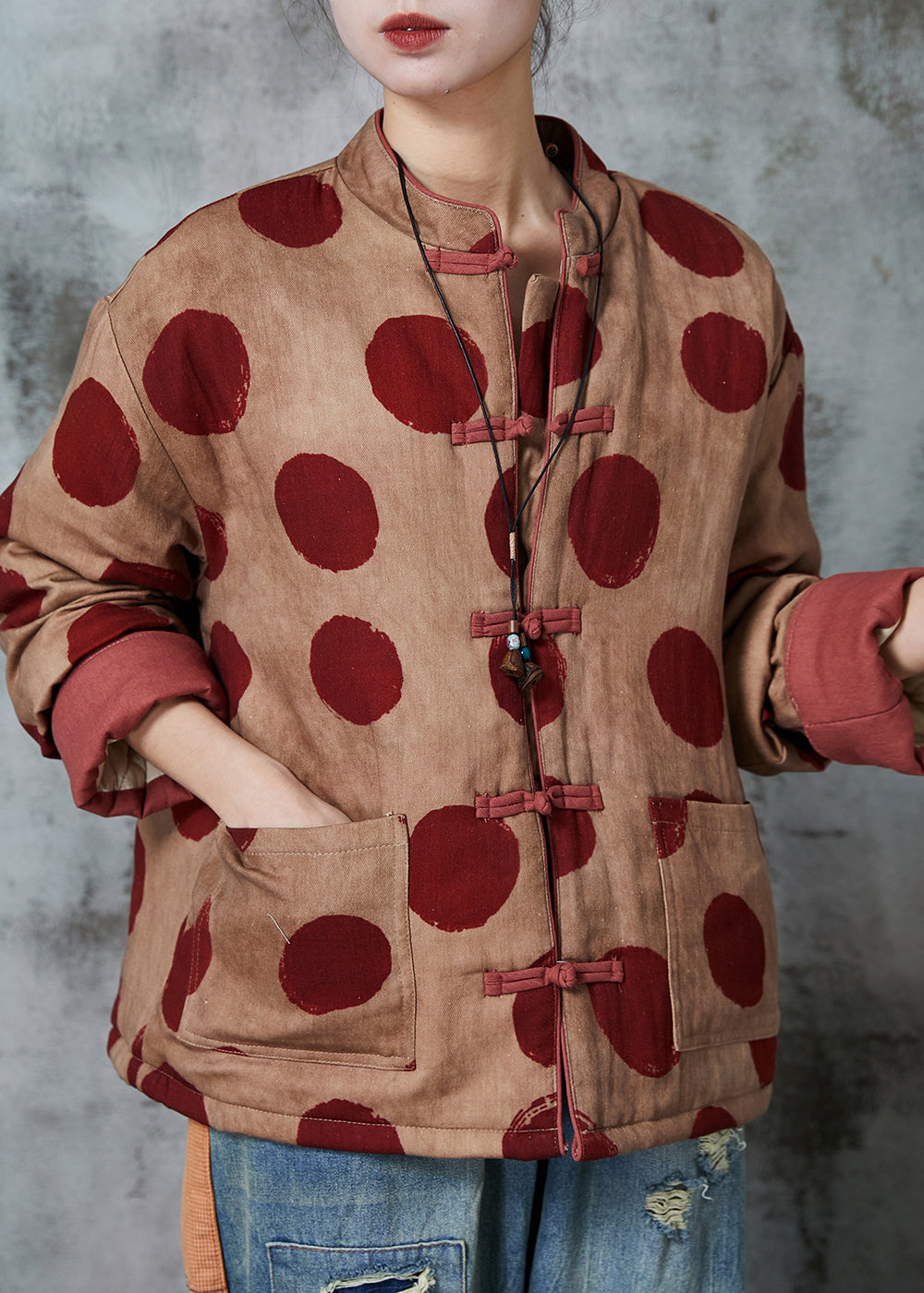 Orange Print Chinese Button Fine Cotton Filled Coat Winter