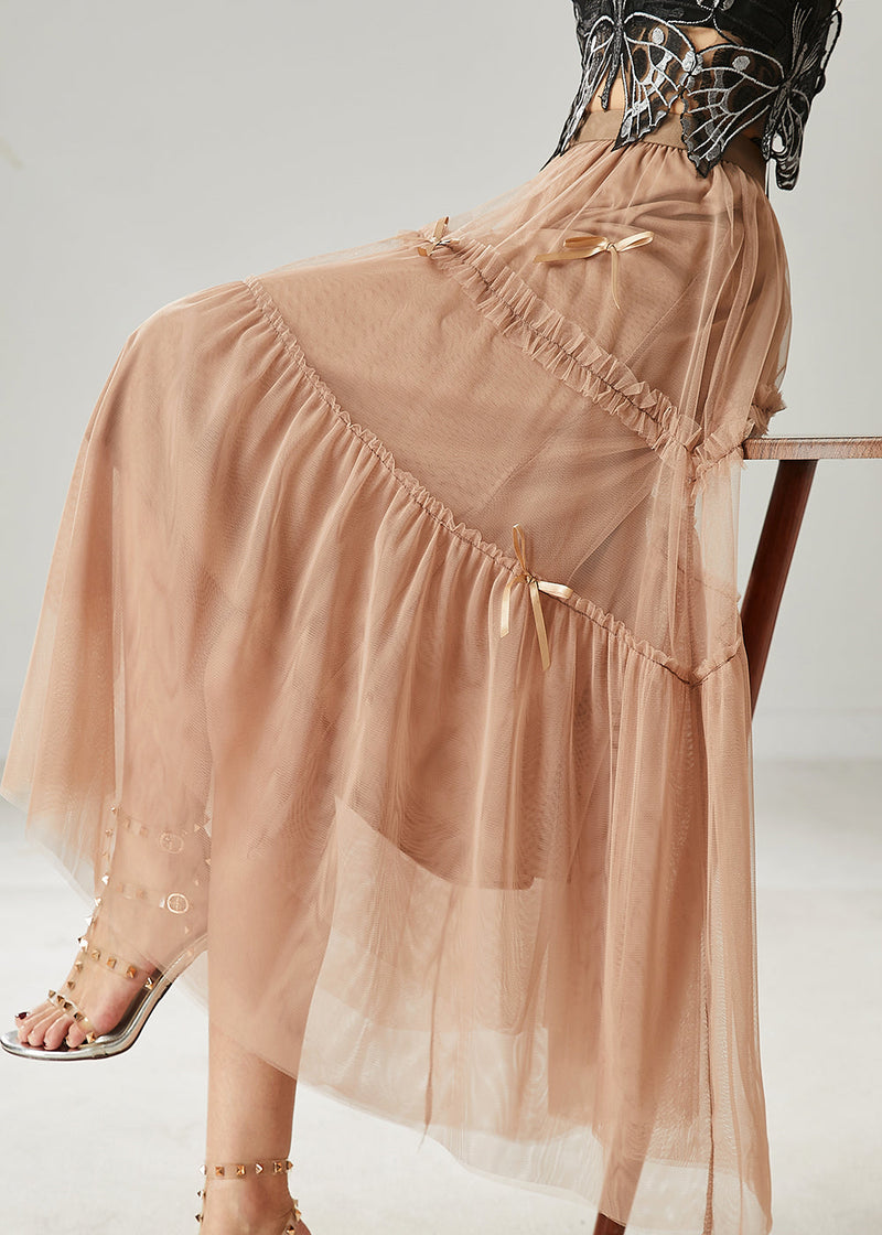 Khaki Bow Ruffled Tulle Skirts Summer