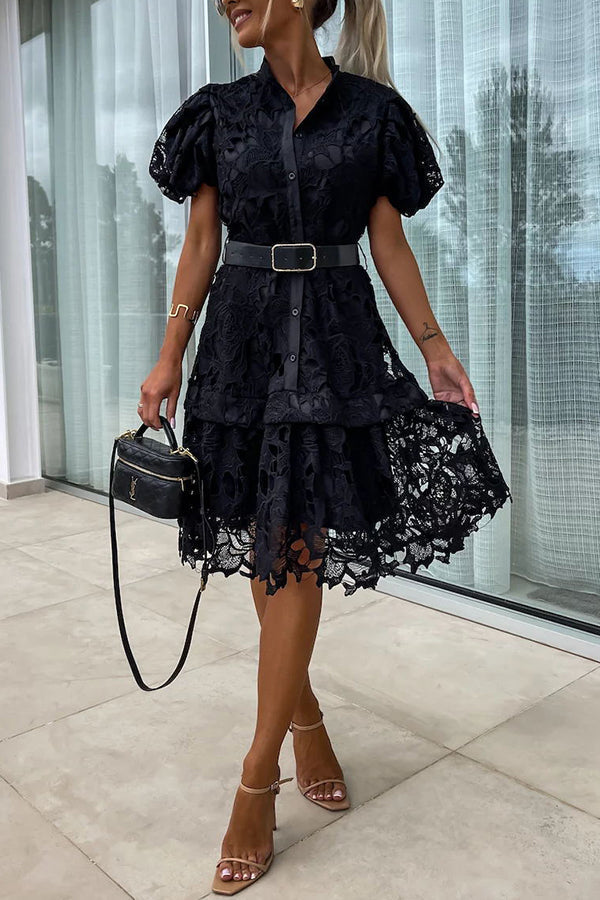 Absolutely Crochet Lace Puff Sleeve Belted Shirt Midi Dress