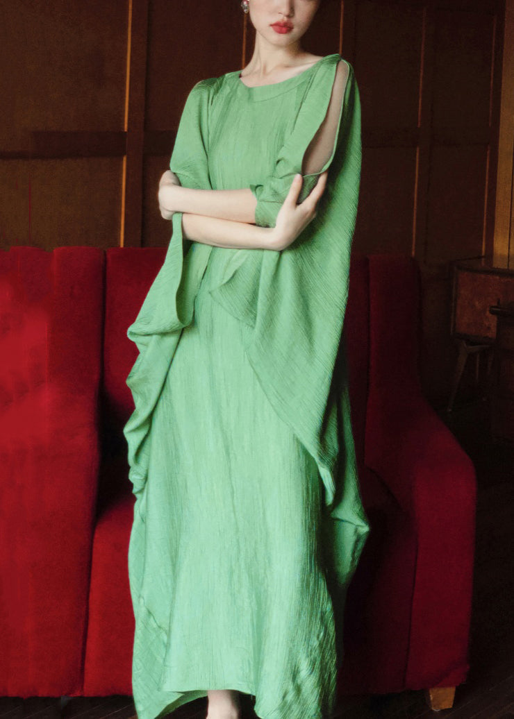 Green O Neck Cotton Long Dress Batwing Sleeve