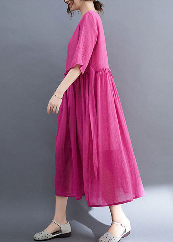 Rose O-neck Ruffled Exra Large Hem Color Linen Holiday Dress Half Sleeve