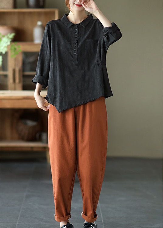 Black Button Asymmetrical Design Fall Shirt Long Sleeve