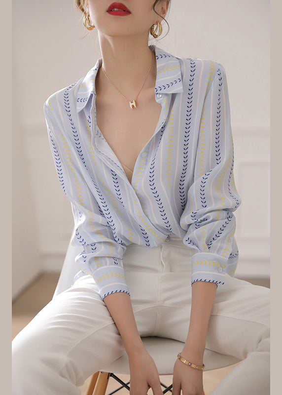 Blue Peter Pan Collar Striped Cotton Blouse Top Spring