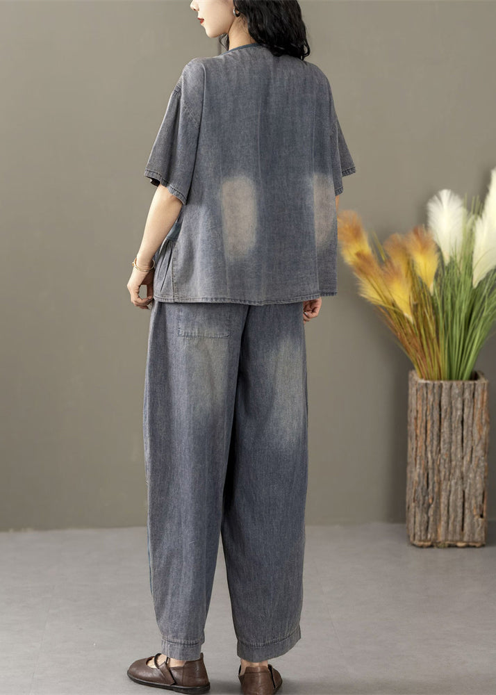Blue Embroidered Tops and Crop Pants Denim Two Pieces Set Summer