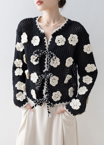 Diy Black Decorated Hollow Out Knit Cardigan Spring
