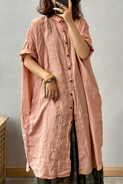 Summer Linen Shirt Dress Short Sleeve Cardigan Dress