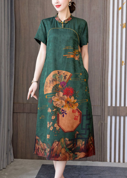 Green Silk Cheongsam Dress Stand Collar Side Open Short Sleeve