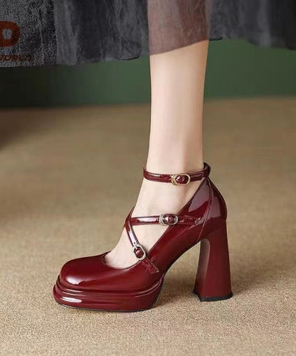 Mulberry Buckle Strap Splicing Chunky High Heels