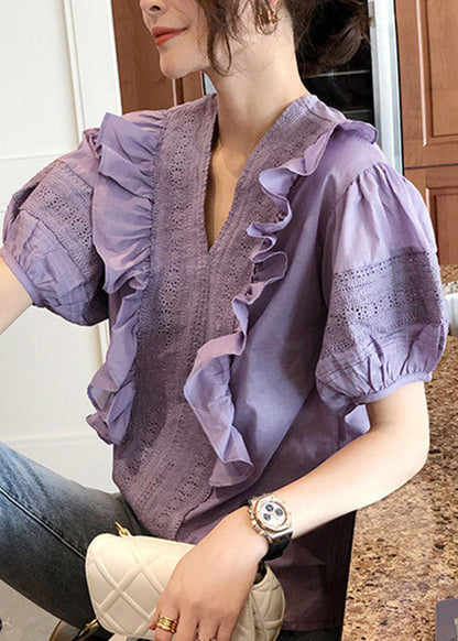 Purple V Neck Ruffled Patchwork Cotton Tops Lantern Sleeve