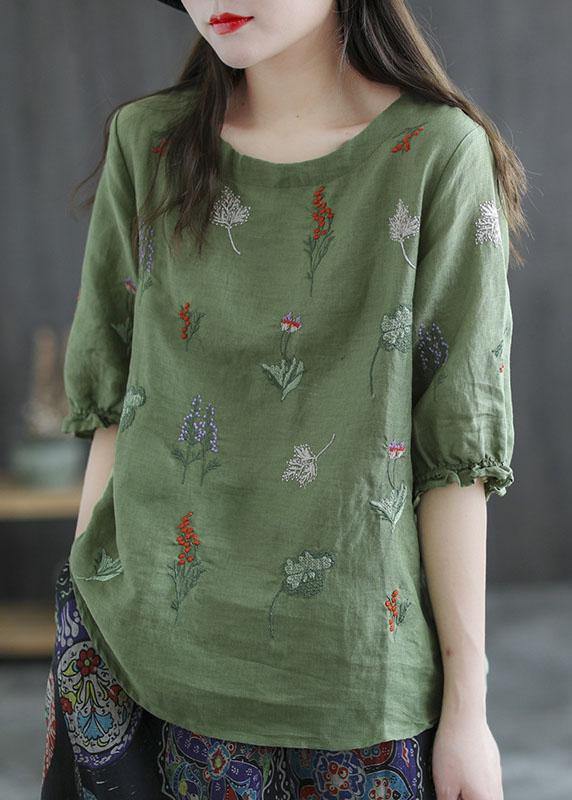 Pink Embroidered O-neck Half Sleeve Ramie Blouses Summer
