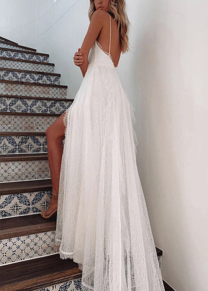 Fine White V Neck Side Open Lace Spaghetti Strap Dress Summer