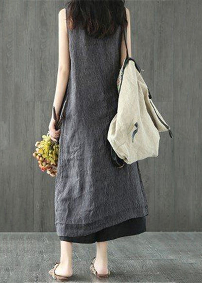 Black O Neck Pockets Linen Long Dresses Sleeveless