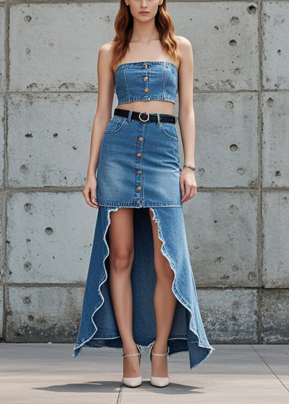 Blue Low High Design Patchwork Denim Skirts Fall