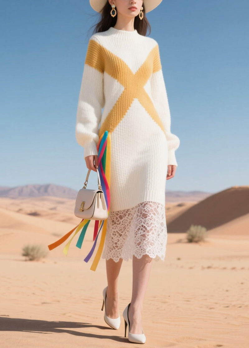 White Lace Patchwork Warm Knitwear Dress Winter