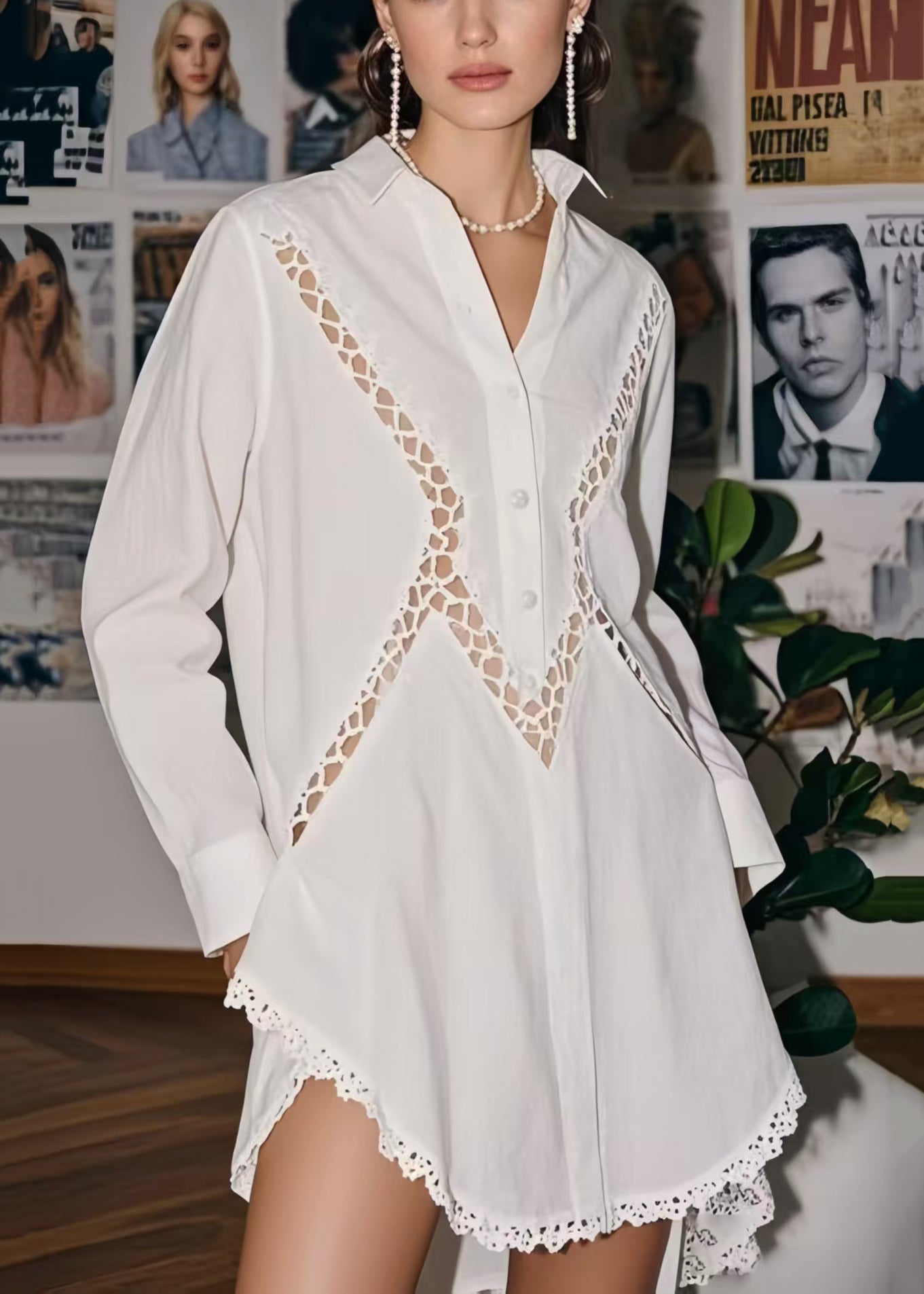 White Hollow Out Patchwork Lace Long Blouses Spring