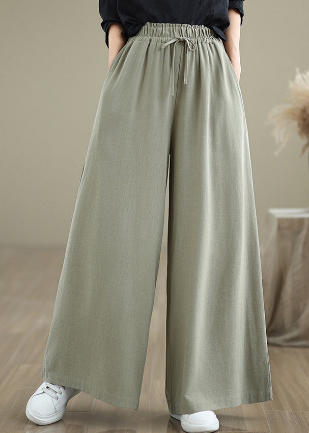 Light Green Pockets Elastic Waist Cotton Pants Fall