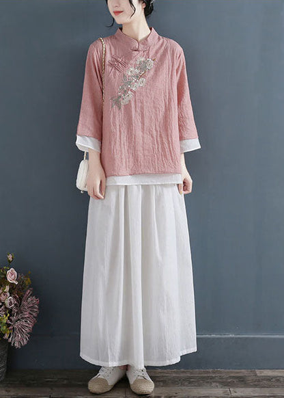 Pink Stand Collar Embroidered Cotton Fake Two Piece Shirts Three Quarter Sleeve
