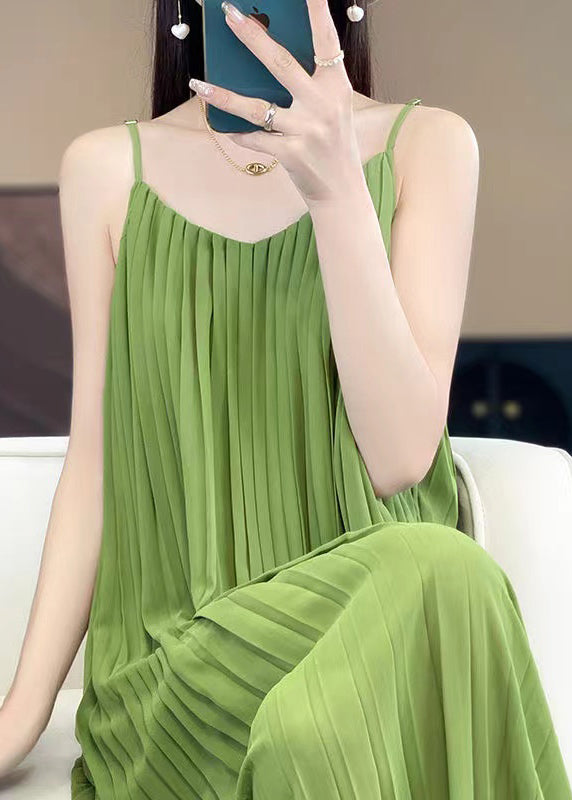 Green Wrinkled Cotton Spaghetti Strap Dress Sleeveless