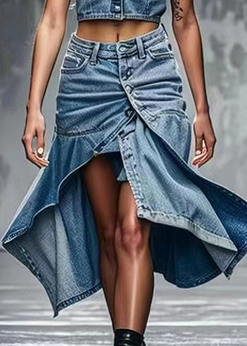 Blue Button Side Open High Waist Denim Skirts Summer