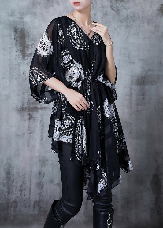 Black Asymmetrical Print Chiffon Shirt Summer