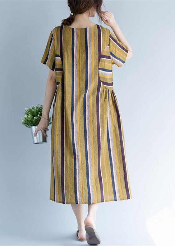 Yellow Long Cotton Linen Dress O Neck Traveling Clothing Fine Striped Short Sleeve Cotton Linen Caftans