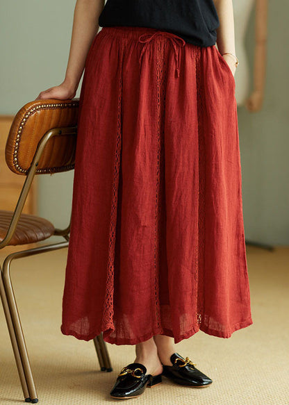 Simple Red Lace Patchwork Linen Skirt Spring