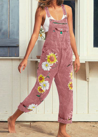 Light Blue Print Pockets High Waist Denim Jumpsuits Sleeveless