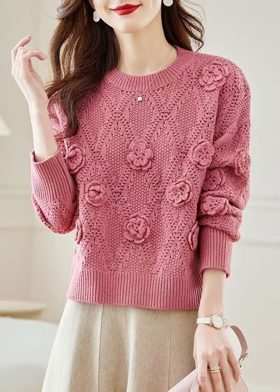 Pink O Neck Hollow Out Knit Sweater Spring